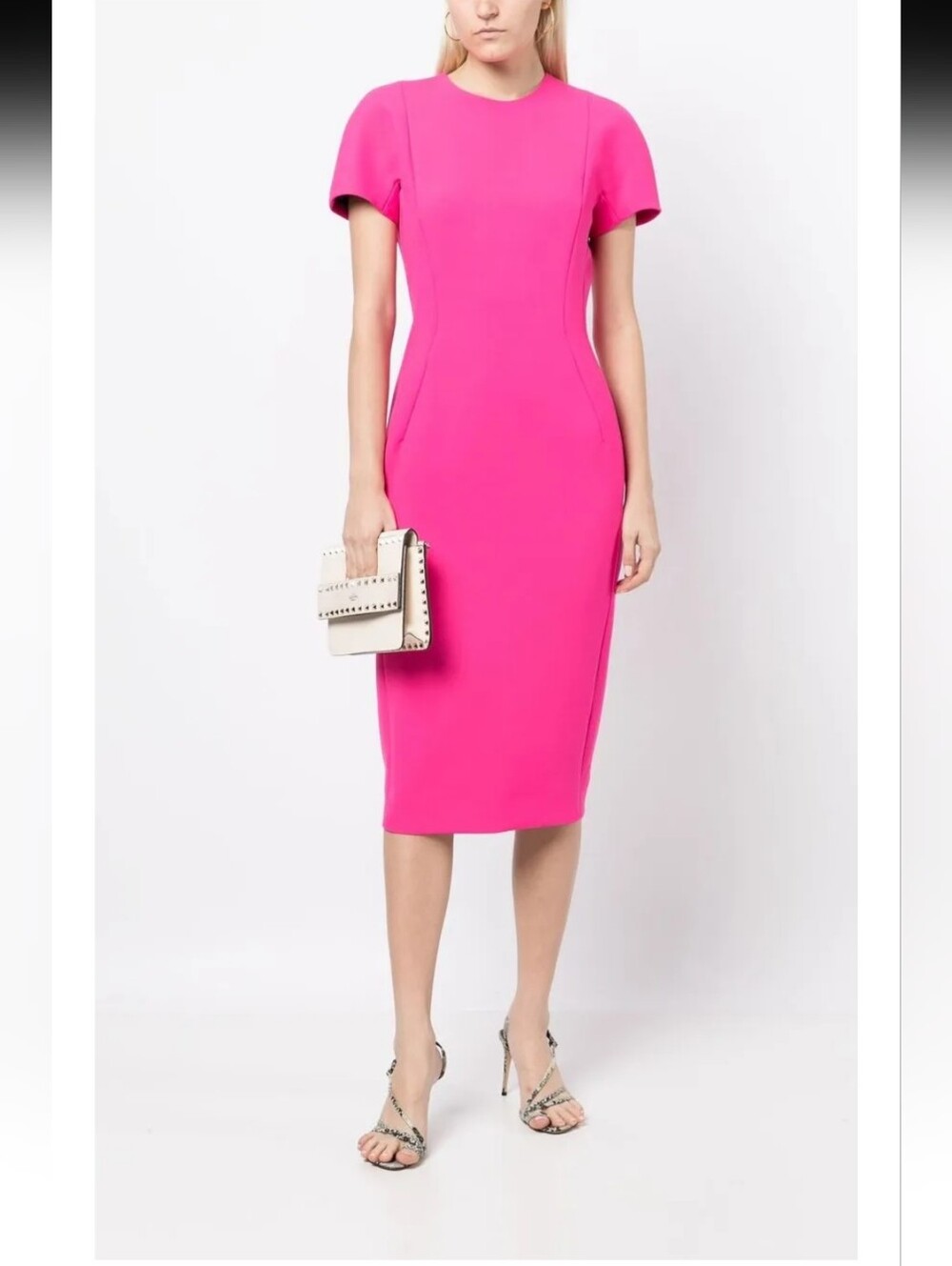 Fitted Crewneck Sheath Dress in Hot Pink